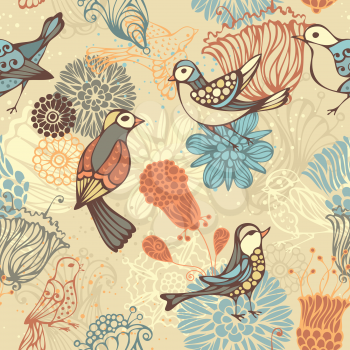 Hand-drawn flowers and birds. Can be used for wrapping paper.