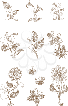 Ornate floral elements for your design in sepia isolated on white background.