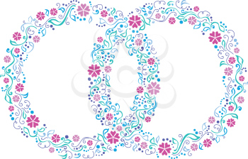 Two rings on a white background with pink flowers,  blue and green leaves. 
