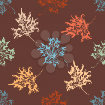Vector nature background. Various leaves on brown background.