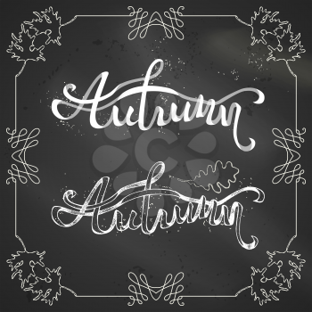 Hand-written lettering on blackboard background. Word Autumn is written from ribbon. Two designs.