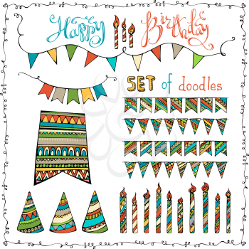 Vector set of doodles festive garlands, candles and party hats isolated on white background. 