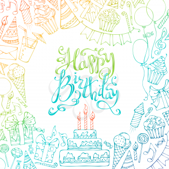 Colourful doodles gift boxes, garlands and balloons, music notes, party blowouts, cakes and candies, birthday pie, party hats, hand-drawn lettering. There is place for your text in the center.