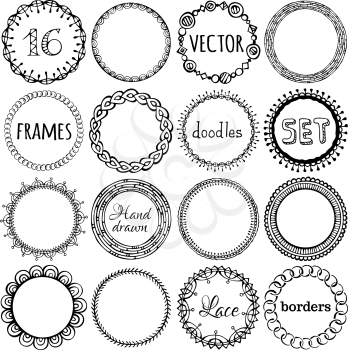 Doodles circle geometric frames isolated on white background. There is place for text in the center of frame.
