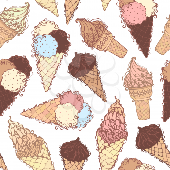 Hand-drawn ice-cream cones on white background. Boundless background. Can be used for children wallpapers, web site background or wrapping paper.