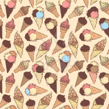 Hand-drawn ice-cream cones. Seamless background. Can be used for children wallpapers, web site background or wrapping paper.