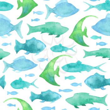 Blue watercolor fishes on white background. Boundless background for your design.