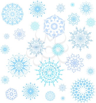 A number of blue snowflakes on a white background.