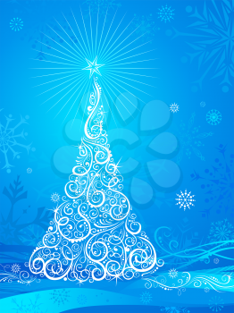 Bright background with Christmas tree and snowflakes. There is place for text.