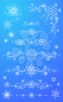 White ornate design elements with vintage snowflakes on blue background.
