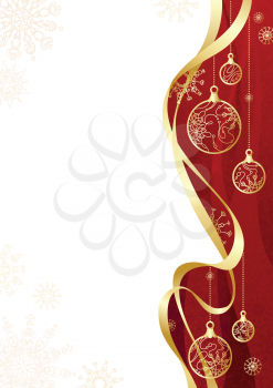 Red background with gold Christmas decorations and snowflakes. There is  copy space for your text on white area.