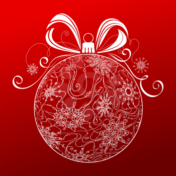 Red and white winter illustration with vintage snowflakes and swirls on red background.
