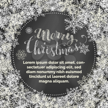 Hand-drawn vintage snowflakes on blackboard background. Hand-written lettering Merry Christmas. There is copy space for your text inside the circle.