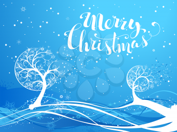 Ornate trees with snowflakes on blue waves background. Hand-written Merry Christmas. There is copy space for your text. 