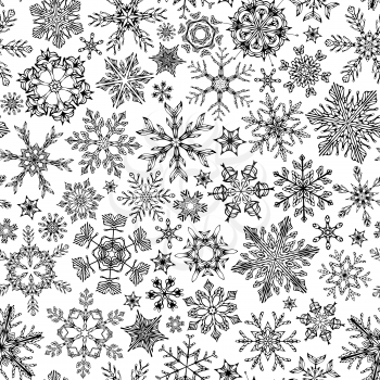 Black vintage outlined snowflakes on white background. Boundless texture can be used for web page backgrounds, wallpapers, wrapping papers, invitation, congratulations and festive designs. 