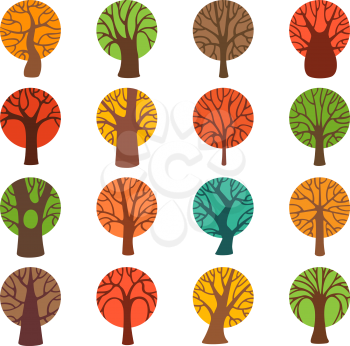 Various vector round trees isolated on white background. 