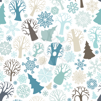 Various deciduous trees and firs, snowflakes on white background.  Boundless texture can be used for web page backgrounds, wallpapers, wrapping papers, invitation and congratulations. 