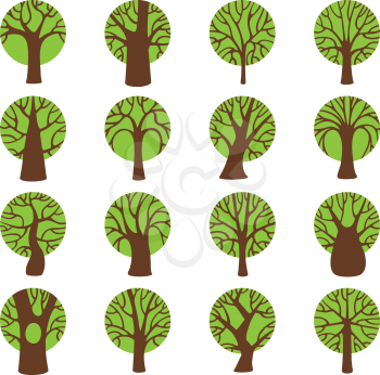 Various vector round trees isolated on white background. Green and brown illustration. 