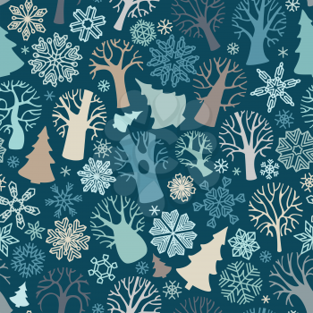 Various deciduous trees, firs and snowflakes on dark blue background.  Boundless texture can be used for web page backgrounds, wallpapers, wrapping papers, invitation and congratulations. 