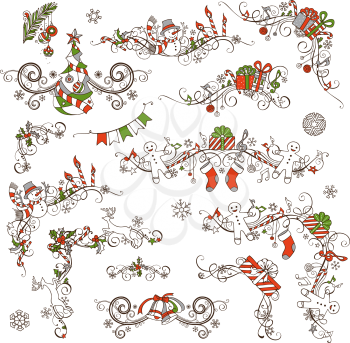 Vector set for your holiday layout. Christmas tree with baubles, gifts, snowmen, bells, candy canes, garland, Santa socks and hats, holly berries and candles, music notes. 