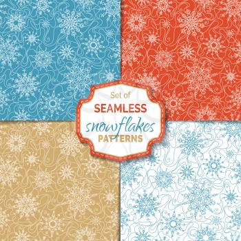Ornate linear snowflakes. Red, blue, white and gold patterns. Boundless texture can be used for web page backgrounds, wallpapers, wrapping papers, invitation, congratulations and festive designs. 