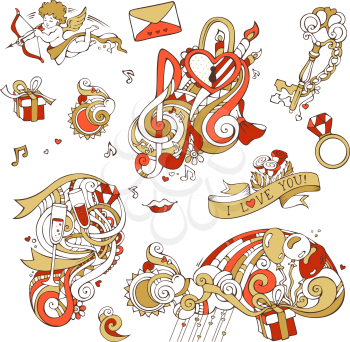 Gold and red. Cupid, balloons, music notes, clouds, rainbow, sun, key and lock, kiss, ribbon, ring, glass of wine, swirls.
