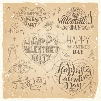 Vector set of grunge hand-written love phrases, greetings cards, badges and labels, symbols, typography vector elements. Sketch pencil design elements on old paper background. 