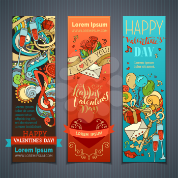 Cupid, hearts, music notes, gift, balloons, ribbon, ring, roses, hand-written lettering. Vector cartoon romantic banners. There is place for your text. 