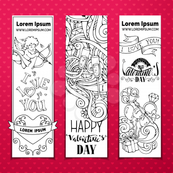 Cupid, hearts, gift, ribbon, ring, roses, lock and key, hand-written lettering. Vector hand-drawn romantic banners. There is place for your text. 