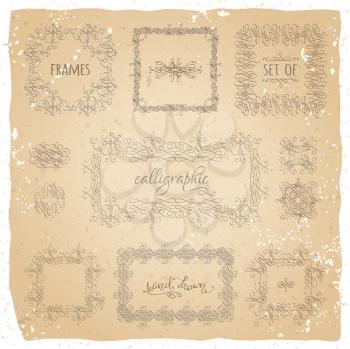 Hand-drawn ornaments, design elements, flourishes, page decorations and dividers on vintage paper. Can be used for invitations and congratulations.