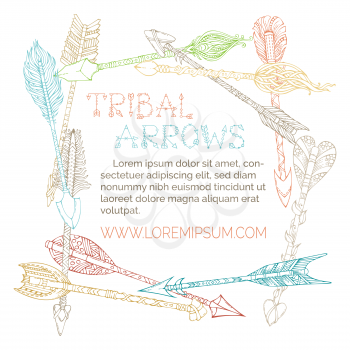 Colourful doodles tribal arrows on white background. Boho and hippie hand-drawn style. There is place for your text in the center.