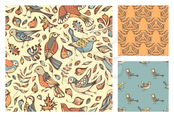 Hand-drawn nature boundless backgrounds. Oak, maple, birch, rowan, chestnut leaves.