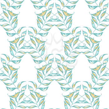 Hand-drawn pastel nature boundless background. Blue and yellow leaves on white background.