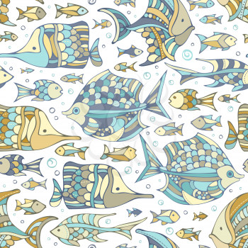 Various cartoon sea fishes on white background. Boundless background can be used for web page backgrounds, wallpapers, wrapping papers and invitations.