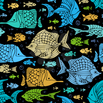 Colourful cartoon sea fish silhouettes on black background. Boundless background can be used for web page backgrounds, wallpapers, wrapping papers and invitations.