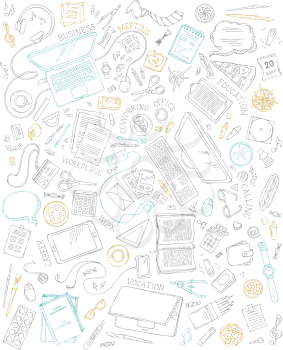 70+ items. Top view. Doodles design elements for work and education. Stationery and gadgets, food and drinks, plants, laptop, mobile.