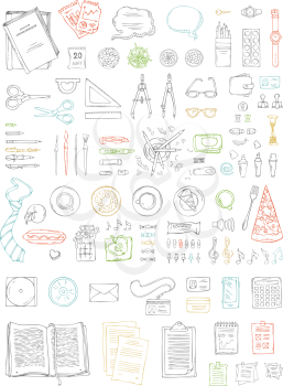 Hand-drawn stationery supplies isolated on white background. Top view. Design elements for work and education. Food, drinks and plants.