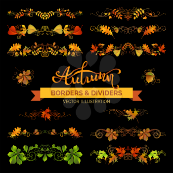 Vector vintage borders, page decorations and dividers. Isolated on black background. Oak, rowan, maple, chestnut, aspen, elm leaves and acorns. Swirls and flourishes.