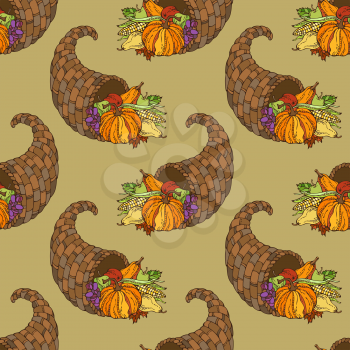 Horn of plenty, pumpkin, autumn leaf, corn, grape, apple and pear. Boundless background for your design. Harvest time.