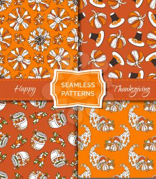 Corn, horn of plenty, grape, pilgrim's hat, pumpkin, autumn leaf, sunflower, apple and pear. Boundless hand-drawn bright harvest autumn backgrounds.