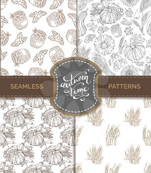 Pumpkin, wheat, corn, grape, jam, cranberry, autumn leaf, nut, mushroom, sunflower, apple, pear. Boundless hand-drawn sepia harvest backgrounds.