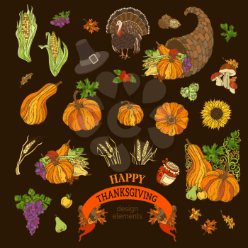 Traditional festive objects on dark background. Turkey, horn of plenty, pilgrim's hat, pumpkin, corn, wheat, sunflower, autumn leaves and others.