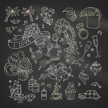 Cartoon romantic design elements on blackboard background. Valentine's symbols.