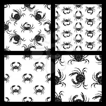 Various black crab silhouettes on white background. Duotone boundless backgrounds for your design.