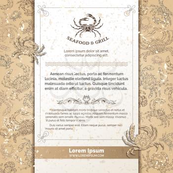 Seafood hand-drawn crabs on old paper background. Menu template. There is place for your text on white vertical paper.