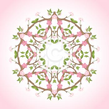 Frame of spring blossoms on branches. Spring tree mandala. Vector card template. There is copyspace for your text in the center.