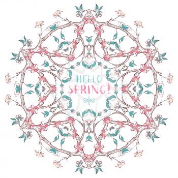 Vector ornament of cherry blossoms and leaves on tree branches. There is copyspace for your text in the center.