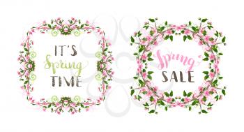 Pink cherry blossoms and leaves on tree branches, hand-drawn flourishes. Hello spring lettering. Seasonal page decorations isolated on white background.