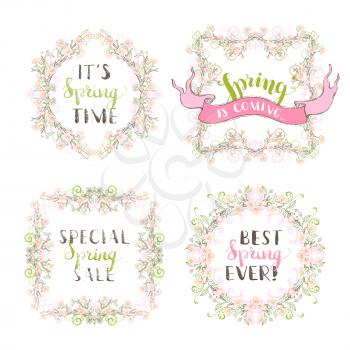 Linear spring blossoms, leaves, branches and flourishes. Coloured page decorations and ornaments isolated on white background. Hand-written lettering.