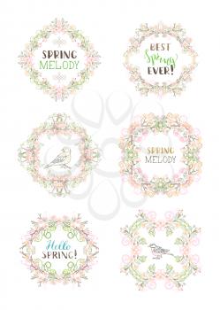 Outlined flowers and leaves on tree branches. Hand-drawn seasonal lettering and flourishes. There is copyspace for your text.